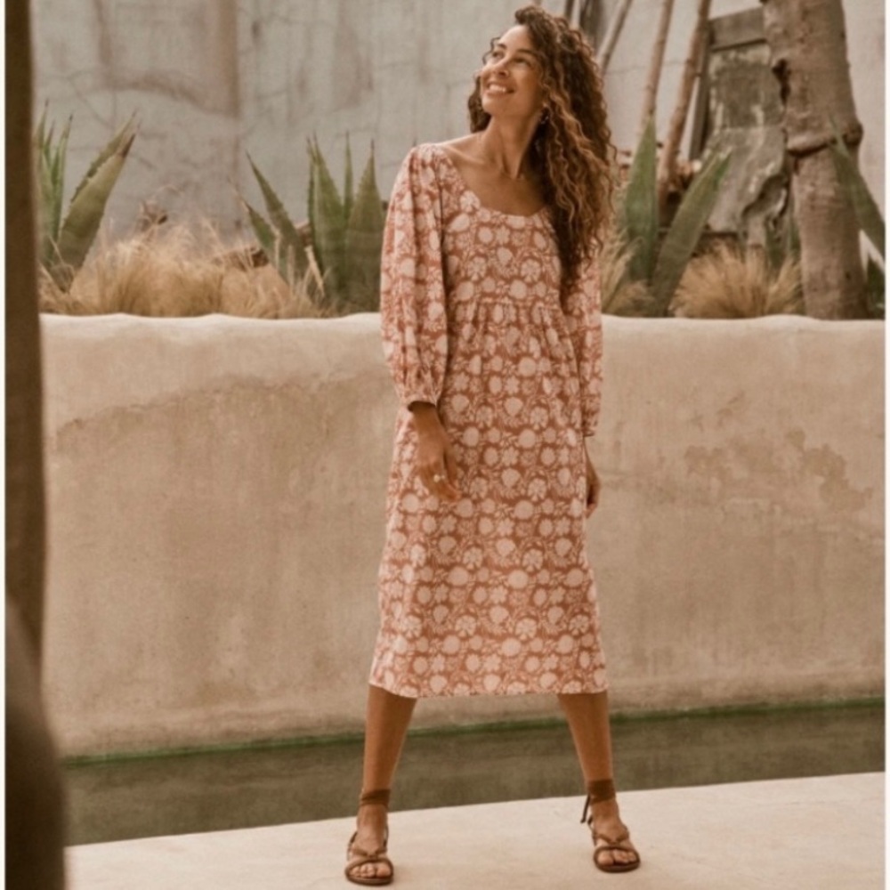 Faherty Freya Clay Floral Cotton Dress with Puff Sleeves XS